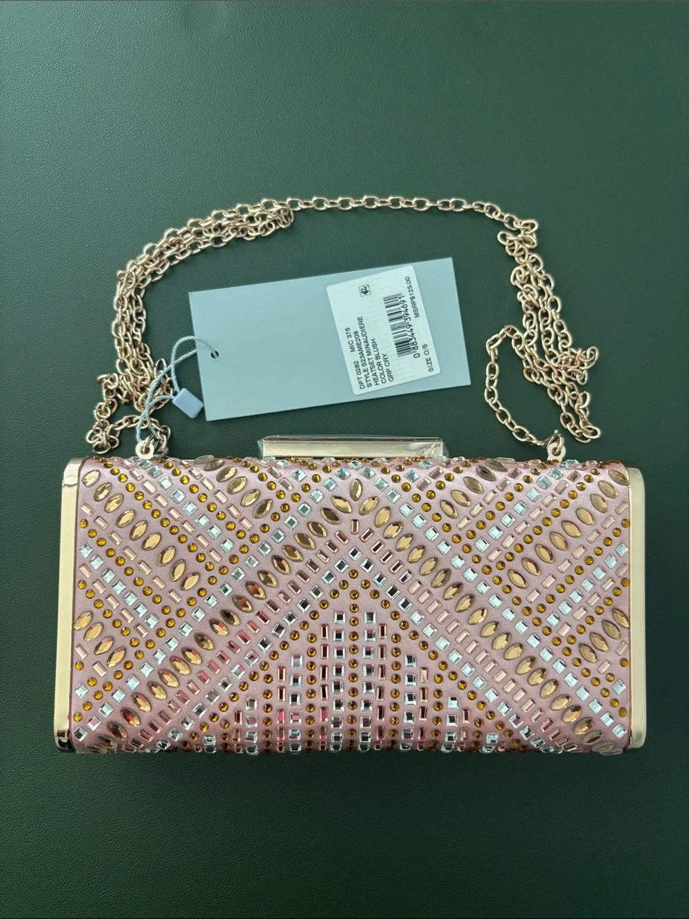 ANTONIO MELANI Pink Jeweled Evening Clutch with Gold Chain